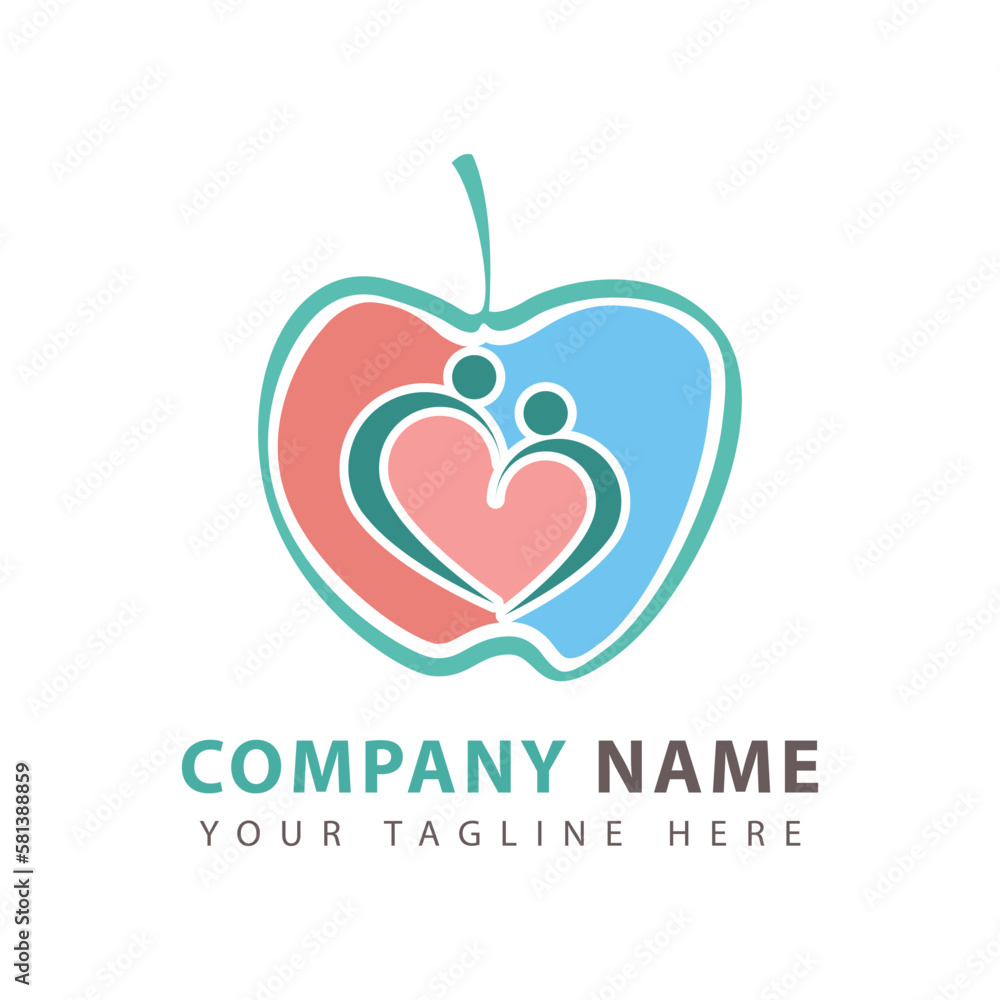 Fototapeta premium Healthy icon logo design with apple and abstract figures, vector illustration template.