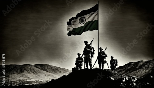 Independence day india illustration of indian army holding their flag, Generative ai