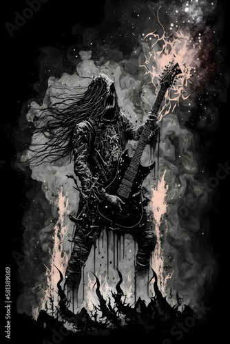 Guy rocker with a guitar. Illustration, poster for a rock concert. AI generation.
