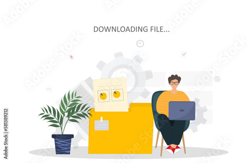 Person downloading files, putting documents in folder, digital data storage, network workflow concept, online file exchange system, flat vector illustration