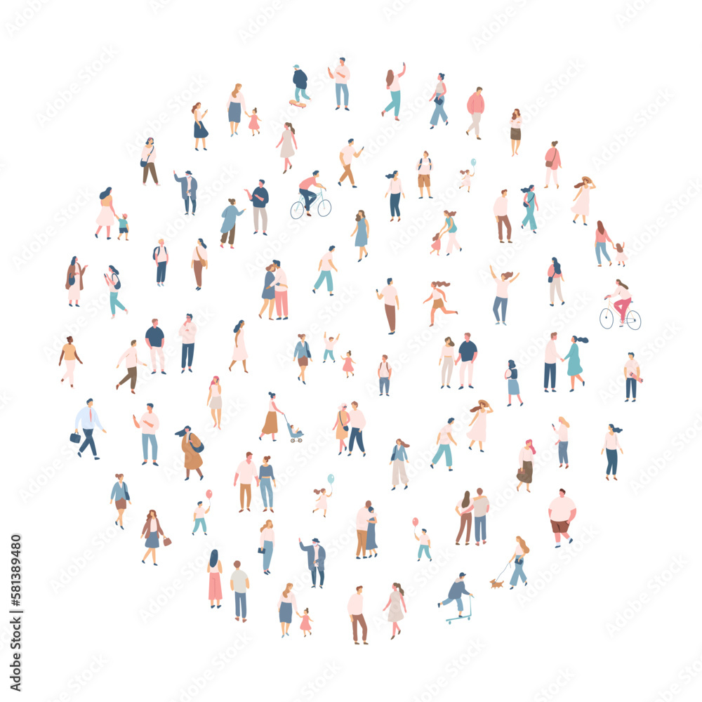 Crowd. City tiny people silhouette background characters. Male and female vector set isolated on white background.