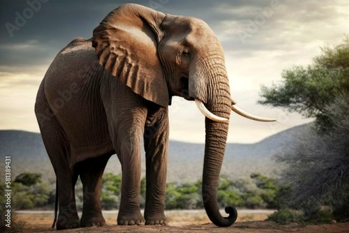 Wild Elephant in the African Savannah, generative ai