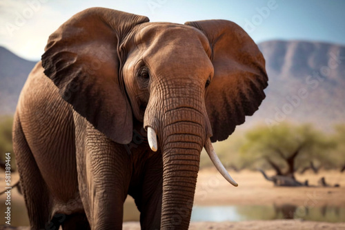 A wild Elephant on the edge of a lake in the African Savannah, generative ai