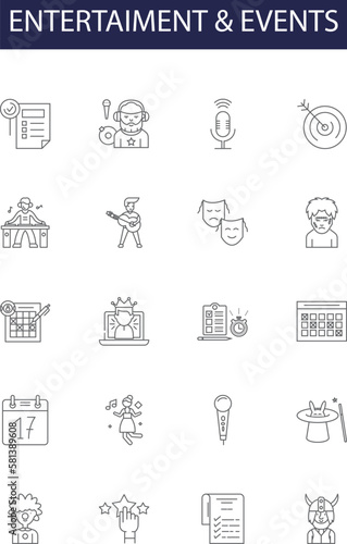 Entertaiment & events line vector icons and signs. events, amusement, recreation, shows, performances, movies, theater, concerts outline vector illustration set