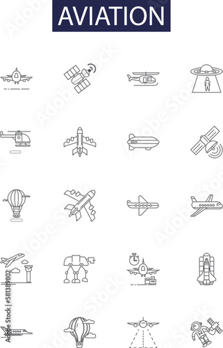 Aviation line vector icons and signs. Aircraft, Airports, Pilots, Flights, Hangars, Jets, Airlines, Landing outline vector illustration set