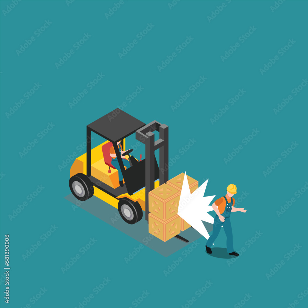 Careless forklift driver hitting other worker 3d isometric vector