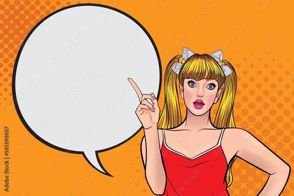cute surprised girl with speech bubbles hipster ad choice decision demo choose impressed exotic wow unbelievable unexpected touch cheek hand t shirt stylish orange background