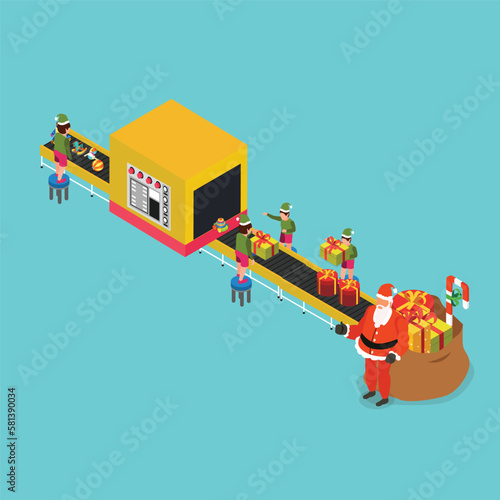 Christmas factory or Santas holiday gifts plant conveyor with characters of little elves 3d isometric vector illustration concept for banner, website, landing page, ads, flyer template