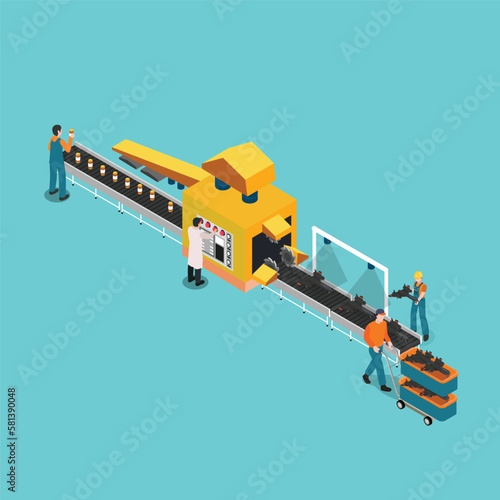 Production of canned seafood automation 3d isometric vector illustration concept for banner, website, landing page, ads, flyer template