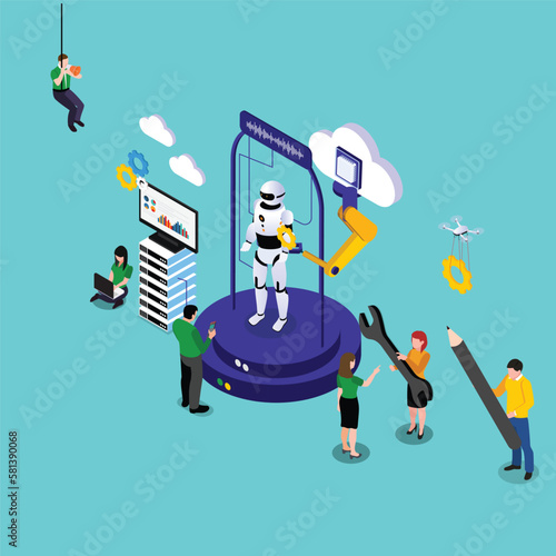Developers Doing Future Tech with robot artificial intelligence 3d isometric vector illustration concept for banner, website, landing page, ads, flyer template
