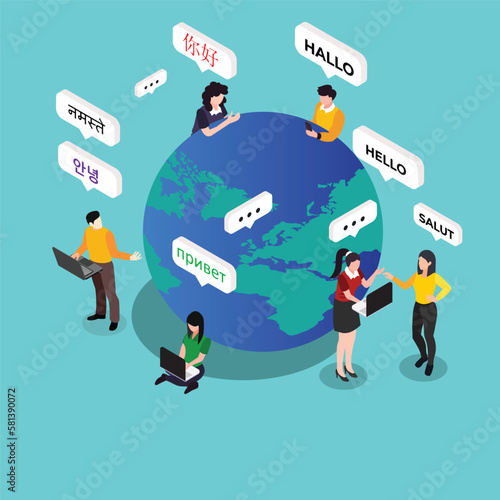 Learn multi language online 3d isometric vector illustration concept for banner, website, landing page, ads, flyer template