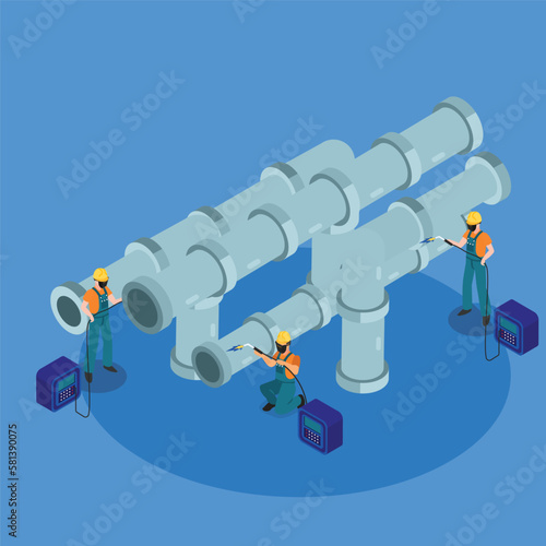 Welders in protective masks working on pipeline 3d isometric vector illustration concept for banner, website, landing page, ads, flyer template