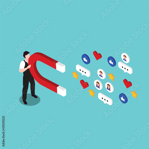 Social media marketing - man with magnet and social media icons 3d isometric vector illustration concept for banner, website, landing page, ads, flyer template
