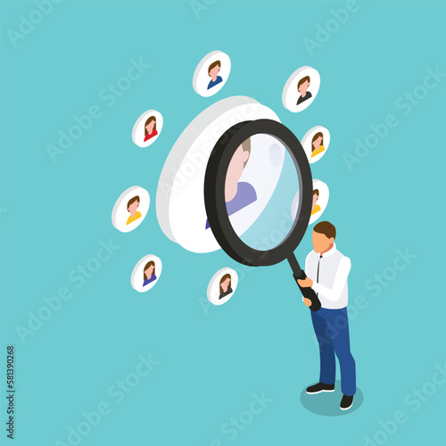 Hand with magnifying glass focused on selecting workers 3d isometric vector illustration concept for banner, website, landing page, ads, flyer template