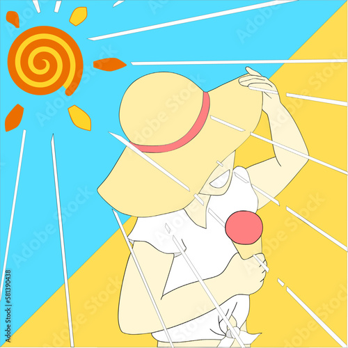Mujer con sombrero comiendo helado bajo el sol en verano_vector