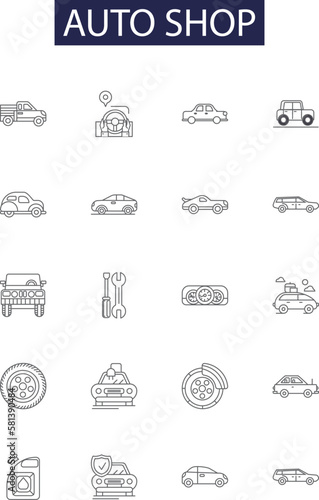 Auto shop line vector icons and signs. Tyre, Workshop, Auto, Car, Mechanic, Diagnose, Repair, Service outline vector illustration set
