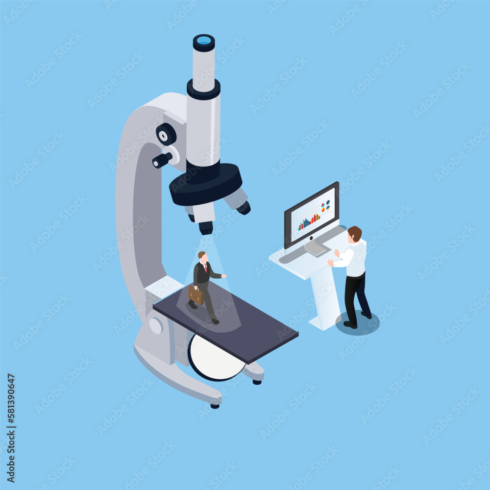 Businessman standing under a microscope being examined 3d isometric vector illustration concept for banner, website, landing page, ads, flyer template