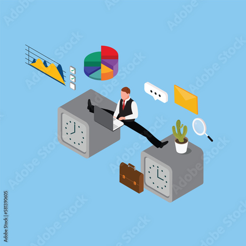 Businessman with flexible work time schedule 3d isometric vector illustration concept for banner, website, landing page, ads, flyer template