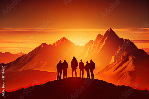 Team success concept photo, friends standing together on the top of the hill, over beautiful mountains landscape in gold sunset light © surassawadee