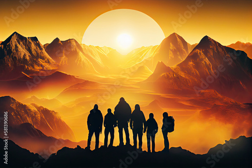 Team success concept photo, friends standing together on the top of the hill, over beautiful mountains landscape in gold sunset light © surassawadee