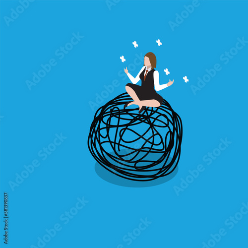 Businesswoman meditation sitting on tangled mind 3d isometric vector illustration concept for banner, website, landing page, ads, flyer template