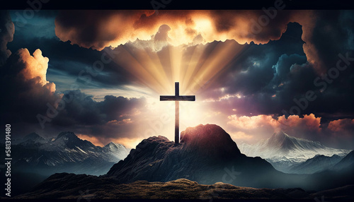 The cross of Christ on bright Easter morning symbolizing a new begining. Generative Ai