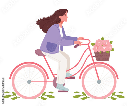 A girl on a retro bicycle with a basket of flowers. Spring illustration in pastel colors. Hand drawn flat illustration.