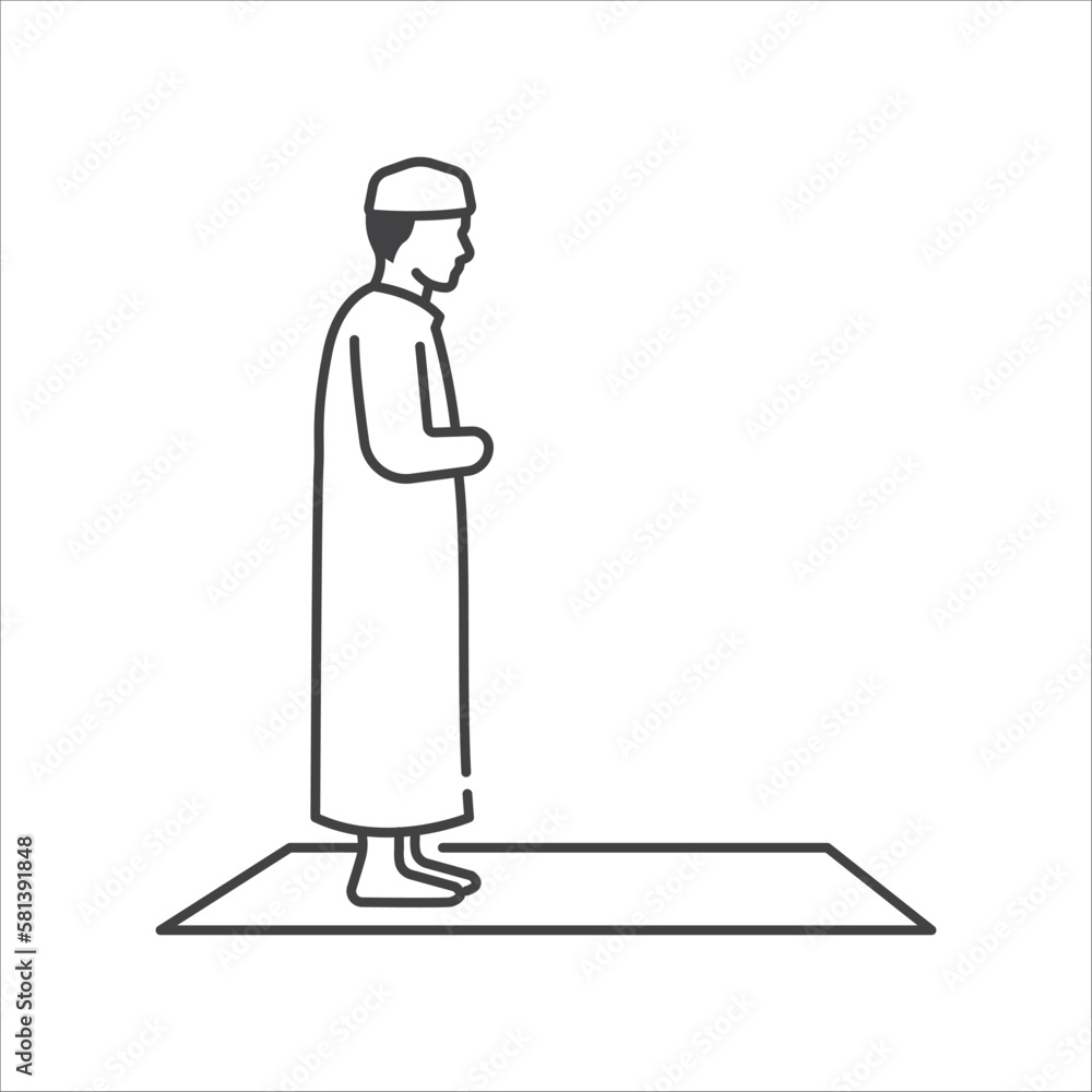 Islamic pray movement of solat linear icon. Moslem pray icon. Religion linear icon. Vector illustration Islamic pray movement of solat linear icon. Moslem pray icon. Religion linear icon. Vector illustration