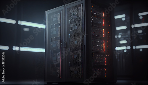 mainframe computer server, digital technology cincept, in dark with lights photo