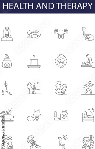 Health and therapy line vector icons and signs. Therapy, Medicine, Wellness, Curing, Care, Remedial, Treatment, Nursing outline vector illustration set
