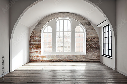 Empty room with arched window and shiplap flooring. Brick wall in loft interior mockup