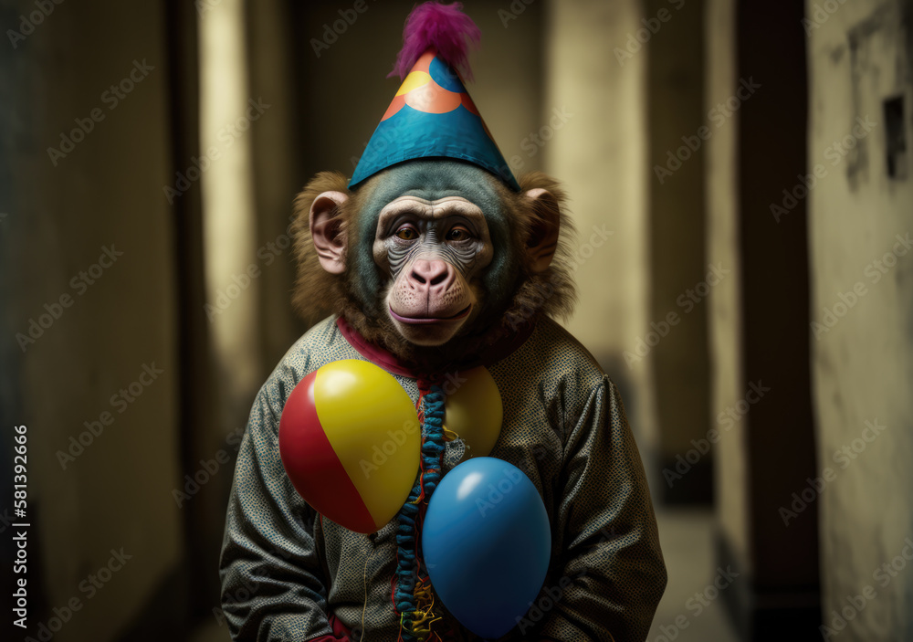 chimpanzee monkey dressed as a clown holding balloons. Generative AI