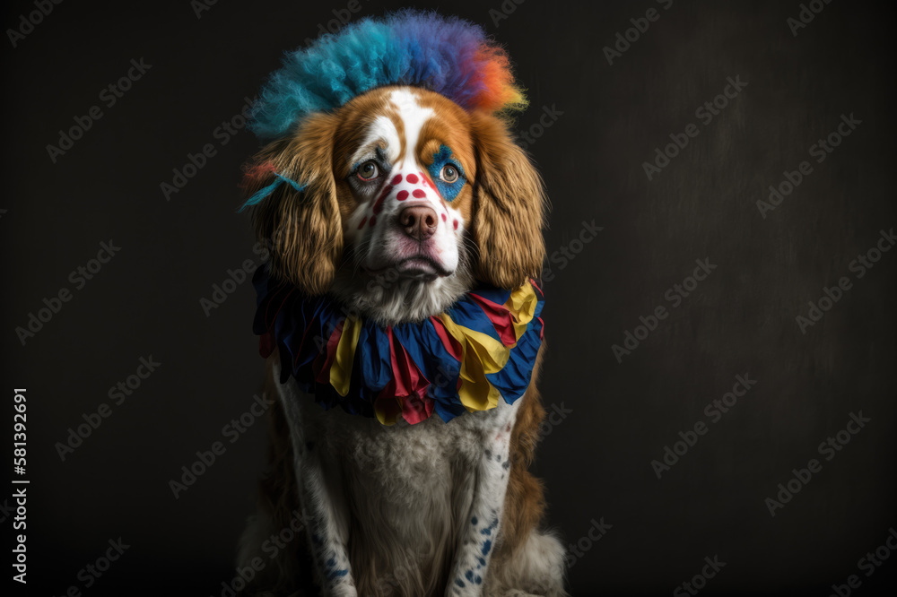 Dog dressed as a clown looking at camera. Generative AI