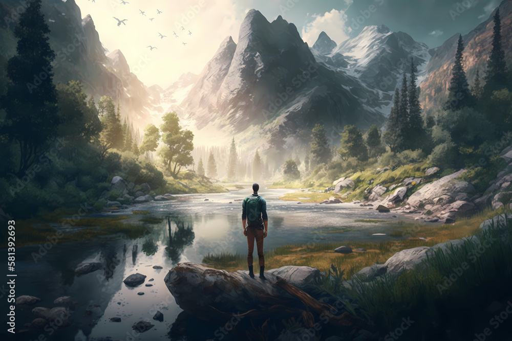 A breathtaking nature scene with a person, Self exploration, Generative AI