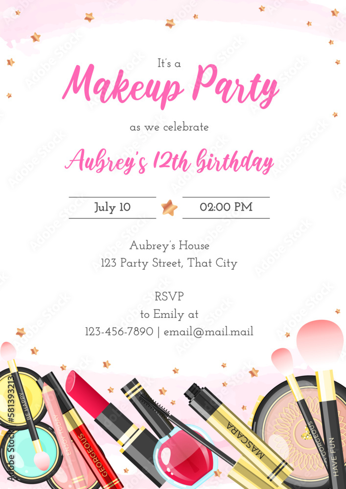 Makeup birthday party invitation template. Beautiful background of ...