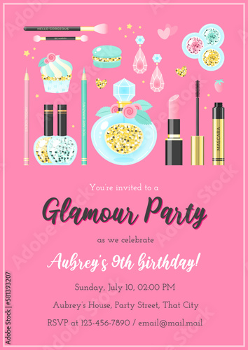Glamour birthday party invitation template. Beautiful background of fashion objects drawn in cartoon style. Vector illustration 10 EPS.