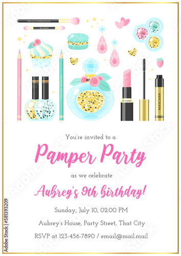 Pamper birthday party invitation template. Beautiful background of fashion objects drawn in cartoon style. Vector illustration 10 EPS.