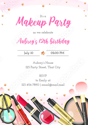 Makeup birthday party invitation template. Beautiful background of colorful makeup products and golden stars. Vector illustration 10 EPS.