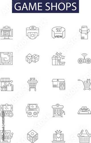 Game shops line vector icons and signs. Shops, Stores, Outlets, Centres, Boutiques, Retailers, Vendors, Dealers outline vector illustration set