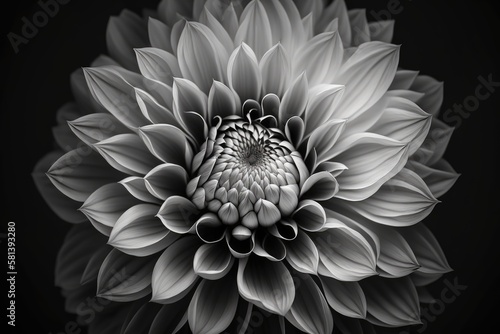 Details of dahlia flower macro photography. Black and white photo emphasizing texture, high contrast and intricate floral patterns. Floral head in the center of the frame. Generative AI