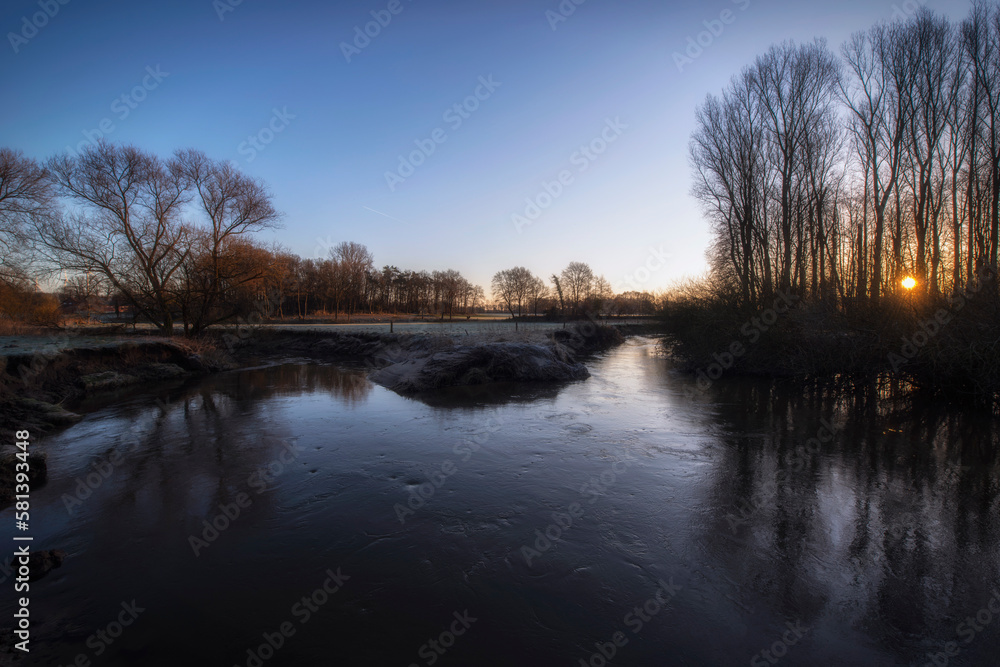 morning sun in winter on a river with tall trees morning sun in winter on a river with tall trees