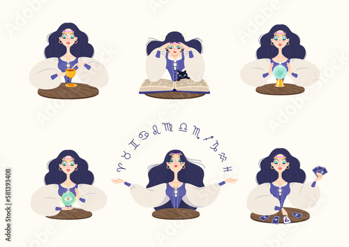 Female fortune teller set. Cartoon illustrations of a beautiful girl reading the future by seeing magic ball, zodiac signs, magic book and using coffee grounds. Vector 10 EPS.