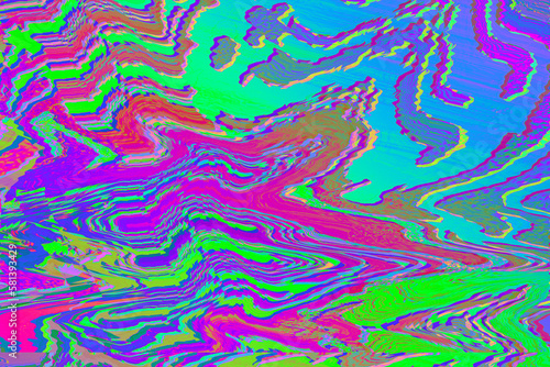 Abstract purple pink green neon rainbow wavy background interlaced digital Distorted Motion glitch effect. Futuristic striped glitched cyberpunk design Retro rave 90s  2000s new wave colors aesthetic
