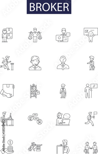 Broker line vector icons and signs. Trader, Dealer, Intermediary, Agent, Custodian, Arbitrageur, Brokerage, Exchange outline vector illustration set