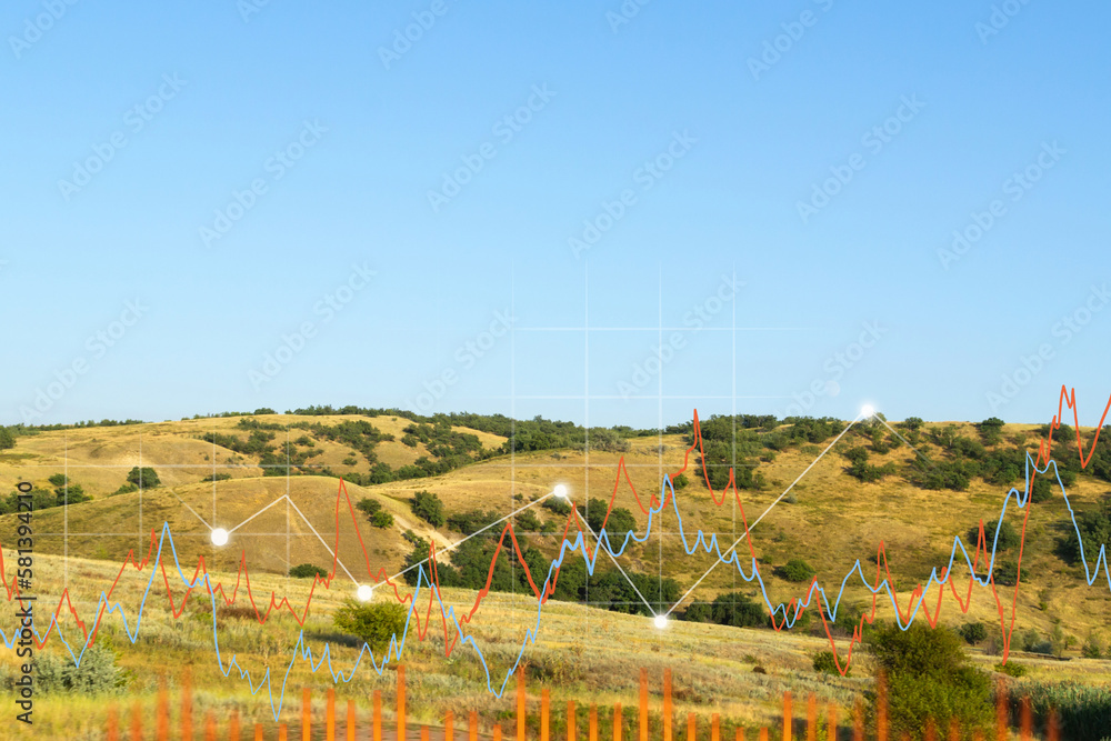 Land value landscape of green field or agriculture farm, growth graph. Real estate or property for business - obrazy, fototapety, plakaty 