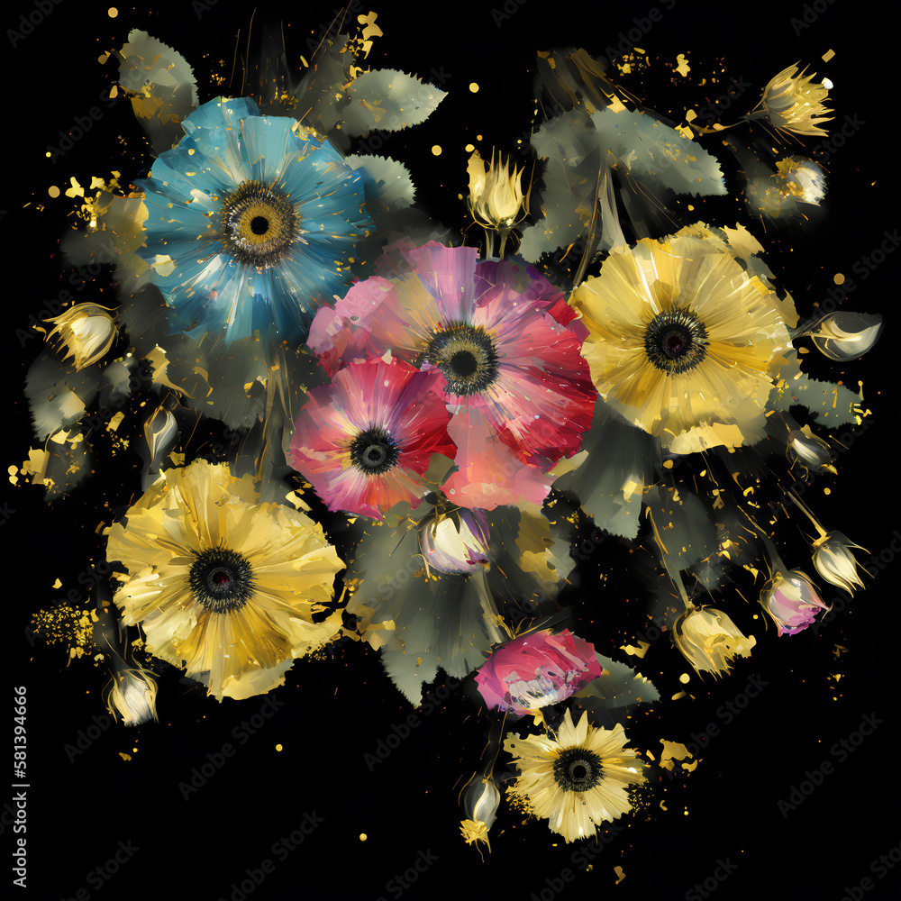 Glitter oil painting bouquet of flowers, Glittery sparkling flower