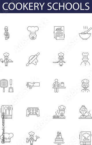 Cookery schools line vector icons and signs. Schools, Culinary, Institutes, Education, Recipes, Baking, Teaching, Classes outline vector illustration set
