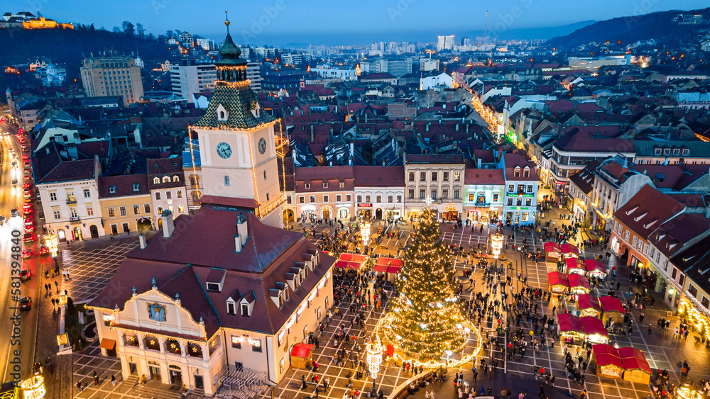 drone view of Christmas decorations of Brasov center 