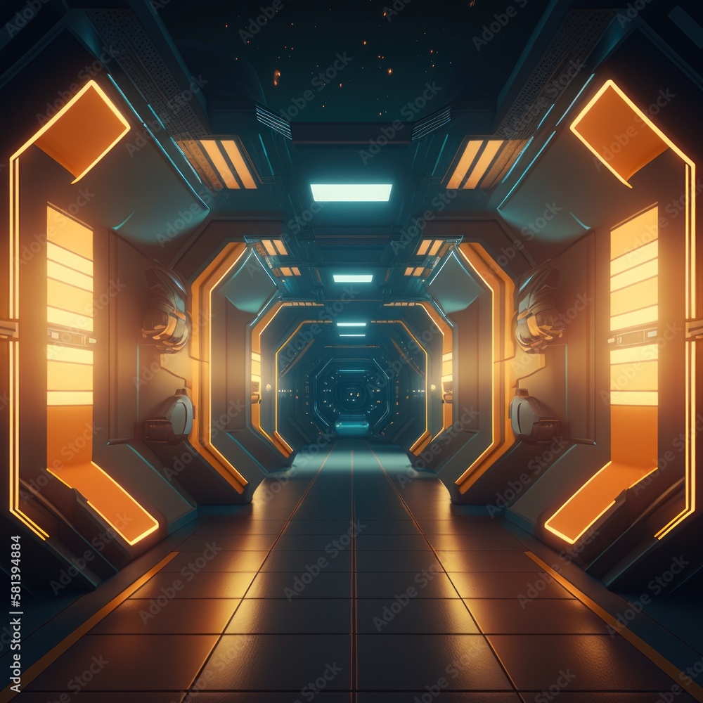 Futuristic spaceship corridor with light