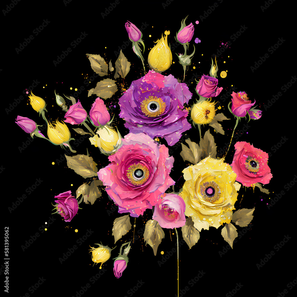 Glitter oil painting bouquet of flowers, Glittery sparkling flower